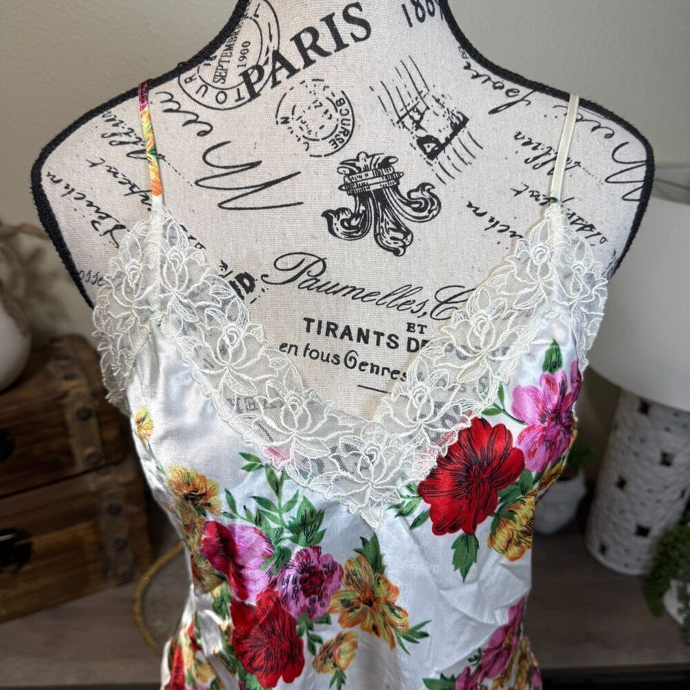 Vintage Victoria's Secret Gold Label Satin Floral Lace Slip Tank Size M 80's - Picture 2 of 7